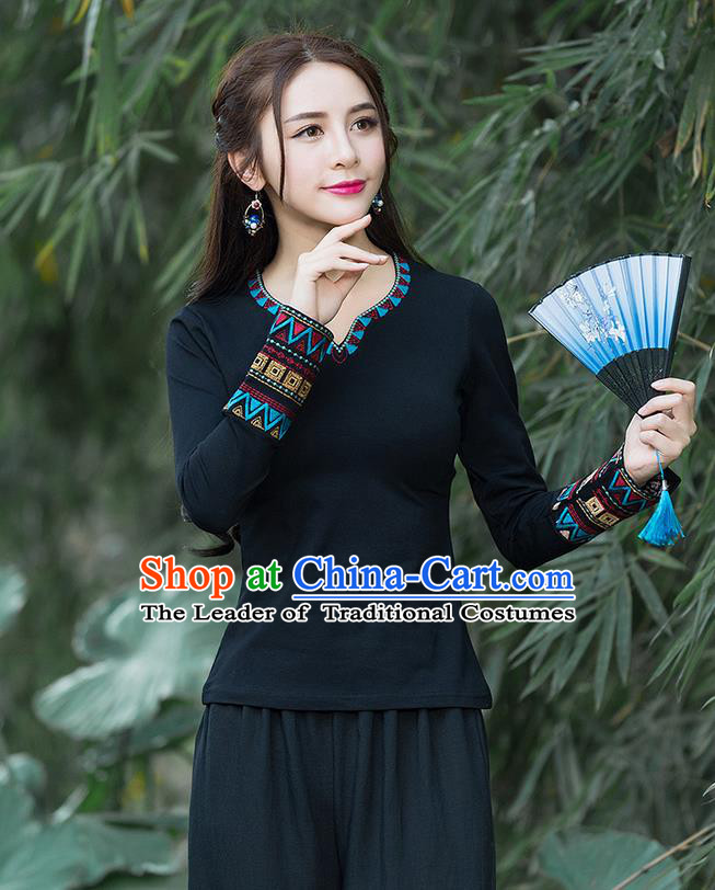 Traditional Chinese National Costume, Elegant Hanfu Embroidery Black T-Shirt, China Tang Suit National Minority Blouse Cheong-sam Upper Outer Garment Qipao Shirts Clothing for Women