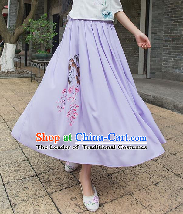 Traditional Ancient Chinese National Pleated Skirt Costume, Elegant Hanfu Hand Painting Peach Blossom Long Purple Dress, China Tang Suit Bust Skirt for Women