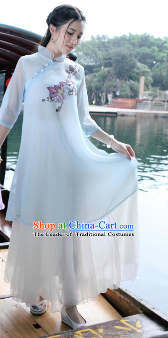 Traditional Ancient Chinese National Costume, Elegant Hanfu Mandarin Qipao Hand Painting Blue Dress, China Tang Suit Mandarin Collar Chirpaur Republic of China Cheongsam Upper Outer Garment Elegant Dress Clothing for Women