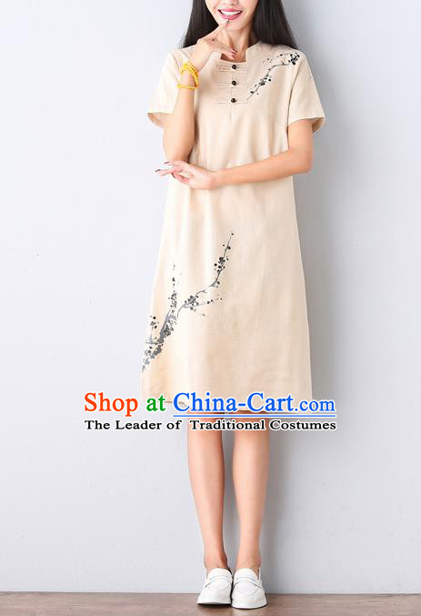 Traditional Ancient Chinese National Costume, Elegant Hanfu Mandarin Qipao Hand Ink Painting Beige Dress, China Tang Suit Mandarin Collar Chirpaur Republic of China Cheongsam Upper Outer Garment Elegant Dress Clothing for Women