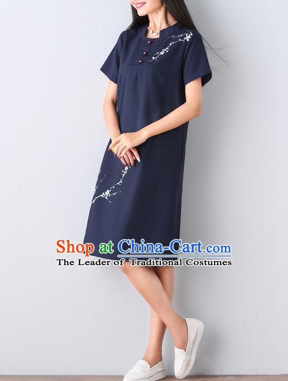 Traditional Ancient Chinese National Costume, Elegant Hanfu Mandarin Qipao Hand Ink Painting Navy Dress, China Tang Suit Mandarin Collar Chirpaur Republic of China Cheongsam Upper Outer Garment Elegant Dress Clothing for Women