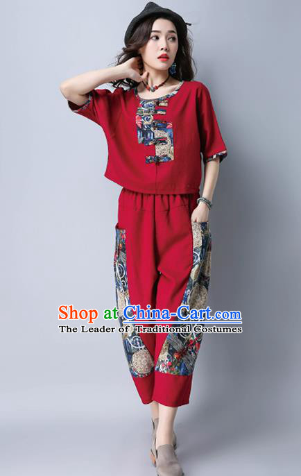 Traditional Chinese National Costume, Elegant Hanfu Embroidery Red T-Shirt and Loose Pants Complete Set, China Tang Suit Plated Buttons Blouse and Dockers for Women