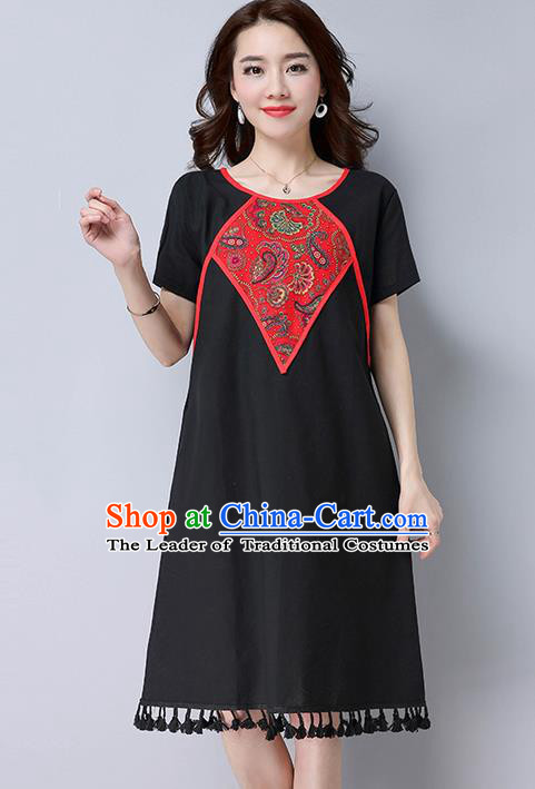 Traditional Ancient Chinese National Costume, Elegant Hanfu Mandarin Qipao Linen Patch Embroidery Black Dress, China Tang Suit Tassel Chirpaur Republic of China Cheongsam Upper Outer Garment Elegant Dress Clothing for Women