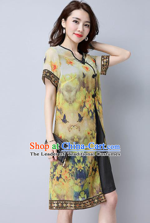 Traditional Ancient Chinese National Costume, Elegant Hanfu Mandarin Qipao Linen Painting Green Dress, China Tang Suit Chirpaur Republic of China Cheongsam Upper Outer Garment Elegant Dress Clothing for Women