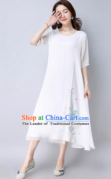 Traditional Ancient Chinese National Costume, Elegant Hanfu Mandarin Qipao Chiffon Painting White Dress, China Tang Suit Chirpaur Republic of China Cheongsam Upper Outer Garment Elegant Dress Clothing for Women