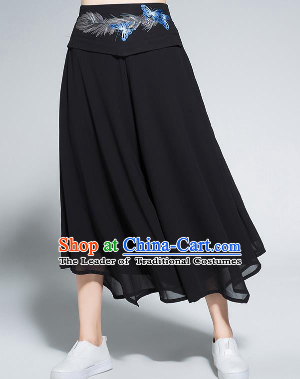 Traditional Chinese National Costume Loose Pants, Elegant Hanfu Embroidered Belt Chiffon Black Wide leg Pants, China Ethnic Minorities Tang Suit Ultra-wide-leg Trousers for Women