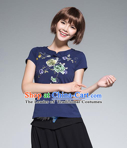 Traditional Chinese National Costume, Elegant Hanfu Embroidery Flowers Blue T-Shirt, China Tang Suit Plated Buttons Chirpaur Blouse Cheong-sam Upper Outer Garment Qipao Shirts Clothing for Women