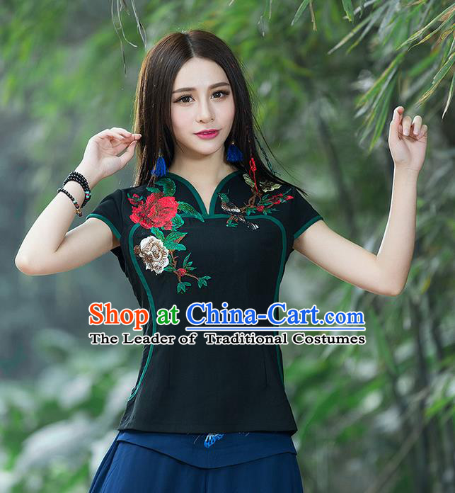 Traditional Chinese National Costume, Elegant Hanfu Embroidery Flowers Black T-Shirt, China Tang Suit Republic of China Chirpaur Blouse Cheong-sam Upper Outer Garment Qipao Shirts Clothing for Women