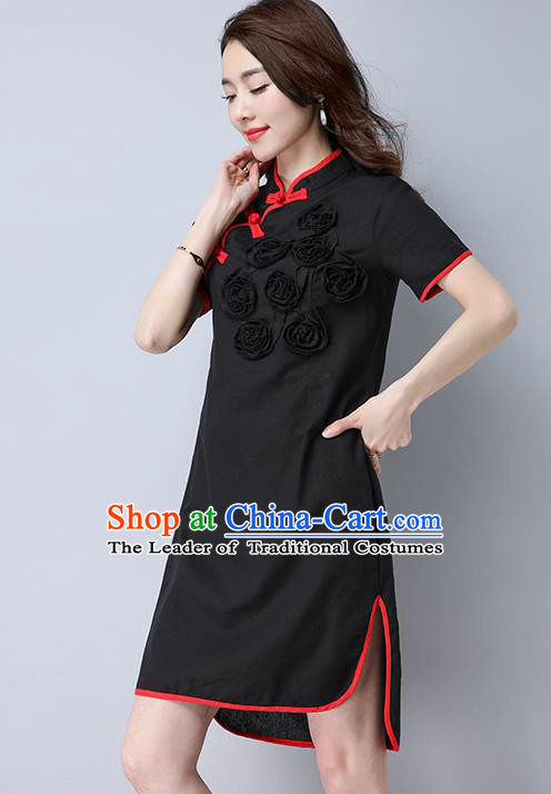 Traditional Ancient Chinese National Costume, Elegant Hanfu Mandarin Qipao Flowers Linen Black Dress, China Tang Suit Chirpaur Republic of China Cheongsam Upper Outer Garment Elegant Dress Clothing for Women