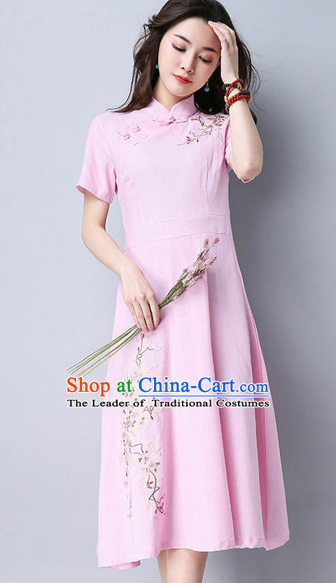 Traditional Ancient Chinese National Costume, Elegant Hanfu Mandarin Qipao Embroidery Pink Dress, China Tang Suit Chirpaur Upper Outer Garment Elegant Dress Clothing for Women