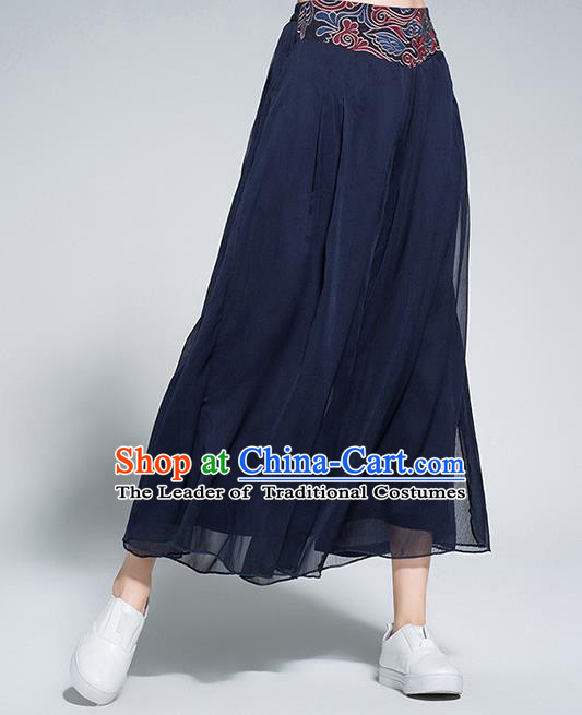 Traditional Chinese National Costume Loose Pants, Elegant Hanfu Embroidered Waistband Chiffon Navy Wide leg Pants, China Ethnic Minorities Tang Suit Folk Dance Ultra-wide-leg Trousers for Women