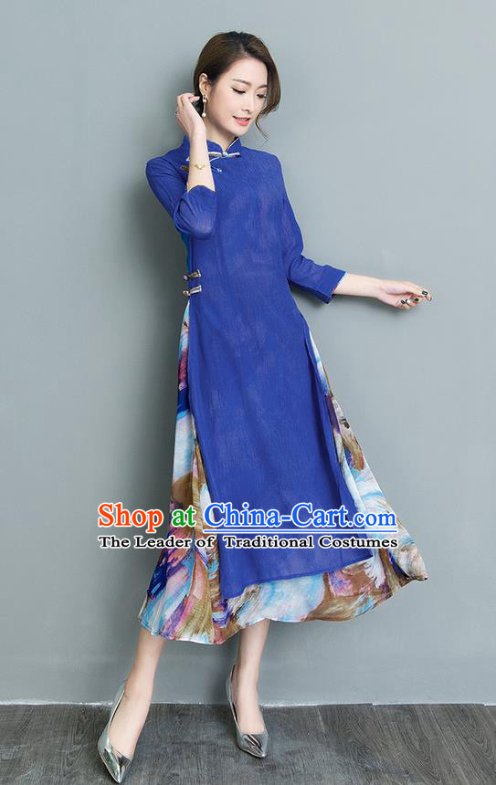 Traditional Ancient Chinese National Costume, Elegant Hanfu Mandarin Qipao Double-deck Printing Blue Dress, China Tang Suit Chirpaur Republic of China Cheongsam Upper Outer Garment Elegant Dress Clothing for Women