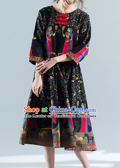 Traditional Ancient Chinese National Costume, Elegant Hanfu Mandarin Qipao Printing Folk Dance Navy Big Swing Dress, China Tang Suit National Minority Upper Outer Garment Elegant Dress Clothing for Women