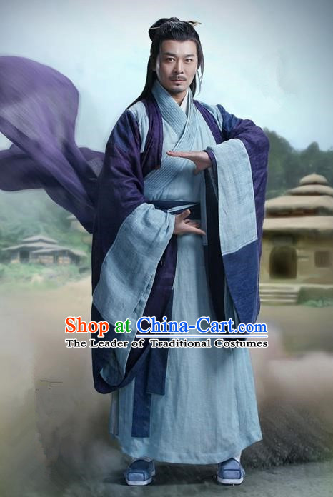 Traditional Ancient Chinese Swordsman Martial Art Costume, Chinese Jiang hu Taoist Priest Dress, Cosplay Chinese Television Drama Jade Dynasty Qing Yun Faction Old Michinaga Hanfu Clothing for Men