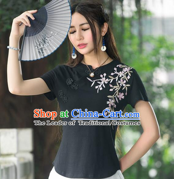 Traditional Chinese National Costume, Elegant Hanfu Embroidery Stand Collar Black T-Shirt, China Tang Suit Cheong-sam Blouse Upper Outer Garment Qipao Shirts Clothing for Women