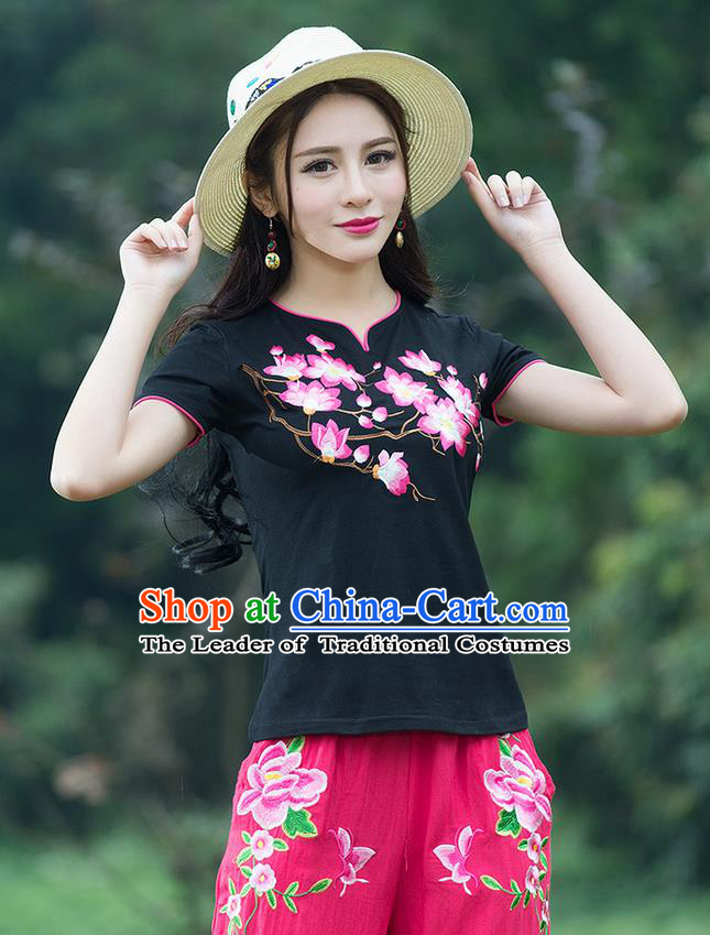 Traditional Chinese National Costume, Elegant Hanfu Embroidery Flowers Black T-Shirt, China Tang Suit Republic of China Chirpaur Blouse Cheong-sam Upper Outer Garment Qipao Shirts Clothing for Women