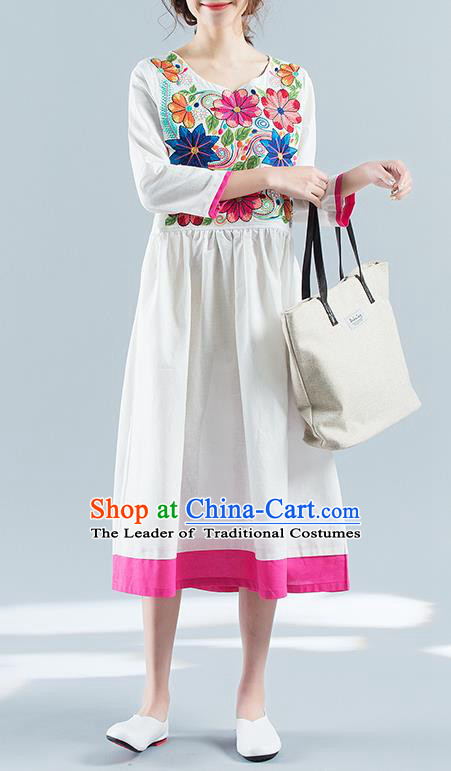 Traditional Ancient Chinese National Costume, Elegant Hanfu Mandarin Qipao Linen Embroidery White Dress, China Tang Suit Chirpaur National Minority Elegant Dress Clothing for Women