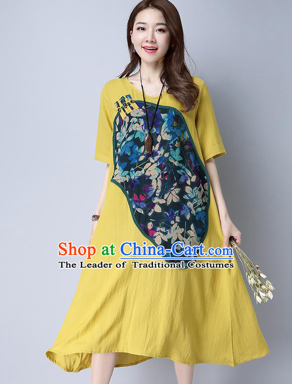 Traditional Ancient Chinese National Costume, Elegant Hanfu Linen Patch Embroidered Yellow Dress, China Tang Suit Chirpaur Cheongsam Elegant Dress Clothing for Women