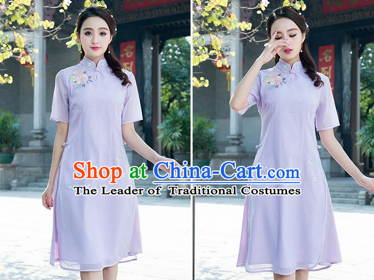 Traditional Ancient Chinese National Costume, Elegant Hanfu Mandarin Qipao Embroidered Organza Purple Dress, China Tang Suit Chirpaur Republic of China Cheongsam Elegant Dress Clothing for Women