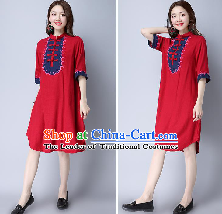 Traditional Ancient Chinese National Costume, Elegant Hanfu Mandarin Qipao Embroidered Red Linen Dress, China Tang Suit Chirpaur Republic of China Cheongsam Elegant Dress Clothing for Women