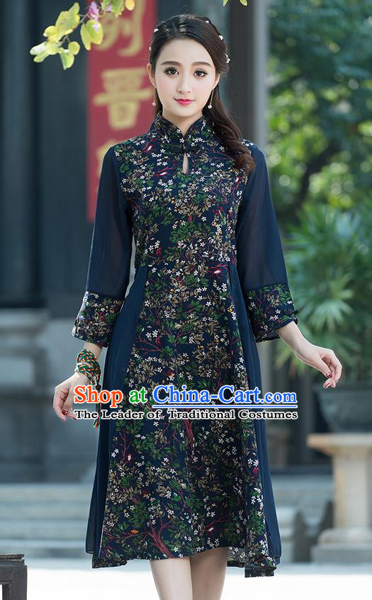 Traditional Ancient Chinese National Costume, Elegant Hanfu Mandarin Qipao Printing Flowers Dress, China Tang Suit Chirpaur Elegant Dress Clothing for Women