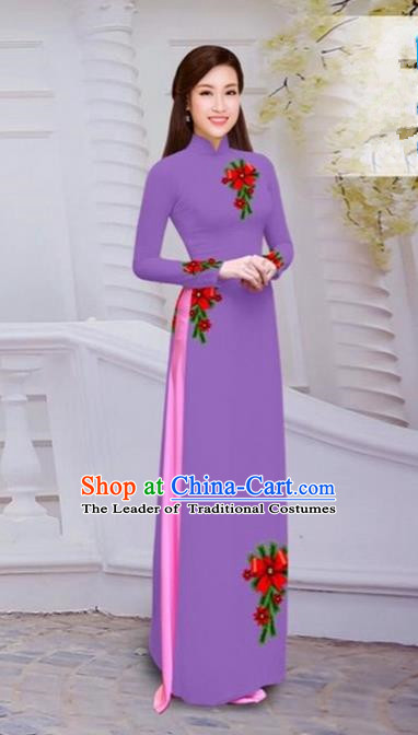 Top Grade Asian Vietnamese Traditional Dress, Vietnam Bride Ao Dai Hand Printing Flowers Dress, Vietnam Princess Deep Purple Dress Cheongsam Clothing for Women