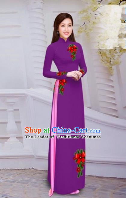 Top Grade Asian Vietnamese Traditional Dress, Vietnam Bride Ao Dai Hand Printing Flowers Dress, Vietnam Princess Amaranth Dress Cheongsam Clothing for Women