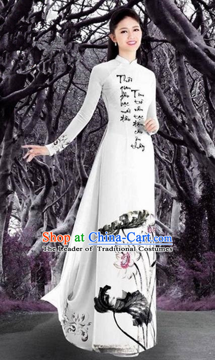 Top Grade Asian Vietnamese Traditional Dress, Vietnam Bride Ao Dai Ink Printing Lotus Flowers Dress, Vietnam Princess Dress Cheongsam Clothing for Women