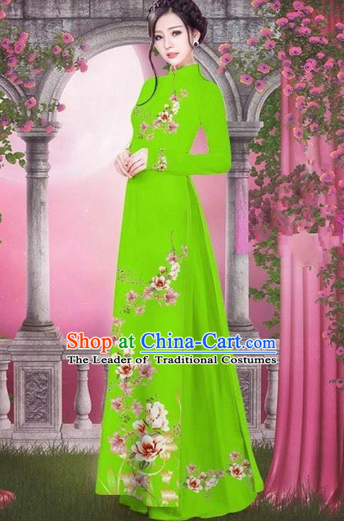 Top Grade Asian Vietnamese Traditional Dress, Vietnam Bride Ao Dai Printing Peach Blossom Flowers Dress, Vietnam Princess Light Green Dress Cheongsam Clothing for Women