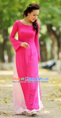 Top Grade Asian Vietnamese Traditional Dress, Vietnam Ao Dai Dress, Vietnam Princess Rose Dress and Pants Cheongsam Clothing for Women