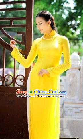 Top Grade Asian Vietnamese Traditional Dress, Vietnam National Dowager Ao Dai Dress, Vietnam Yellow Silk Cheongsam Dress and Pants Complete Set for Woman