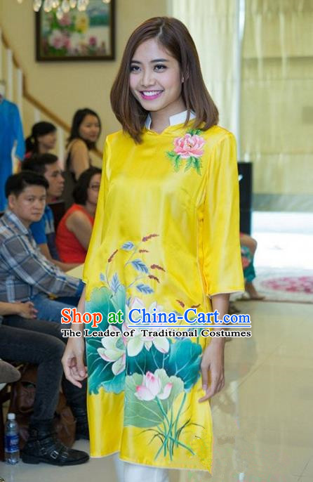 Top Grade Asian Vietnamese Traditional Dress, Vietnam National Young Lady Ao Dai Dress, Vietnam Bride Yellow Cheongsam Printing Blouse for Women