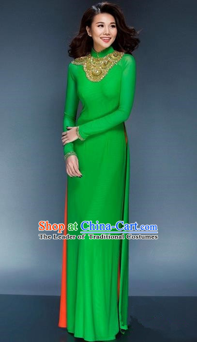 Top Grade Asian Vietnamese Traditional Dress, Vietnam National Young Lady Ao Dai Dress, Vietnam Bride Green Cheongsam and Pants Complete Set for Women