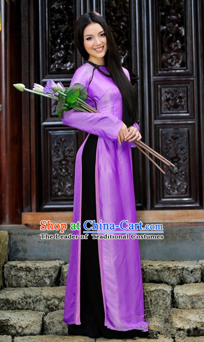 Top Grade Asian Vietnamese Traditional Dress, Vietnam National Young Lady Ao Dai Dress, Vietnam Bride Purple Cheongsam and Pants Complete Set for Women