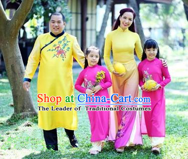 Top Grade Asian Vietnamese Traditional Dress, Vietnam National Family Ao Dai Dress, Vietnam Parent-child Outfit Cheongsam Clothing Complete Set