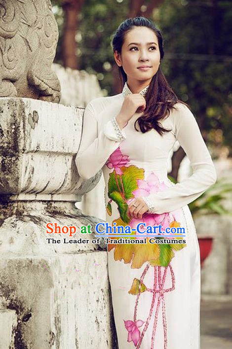 Top Grade Asian Vietnamese Traditional Dress, Vietnam National Princess Ao Dai Dress, Vietnam Printing Lotus Ao Dai Cheongsam Dress and Pants Clothing for Woman