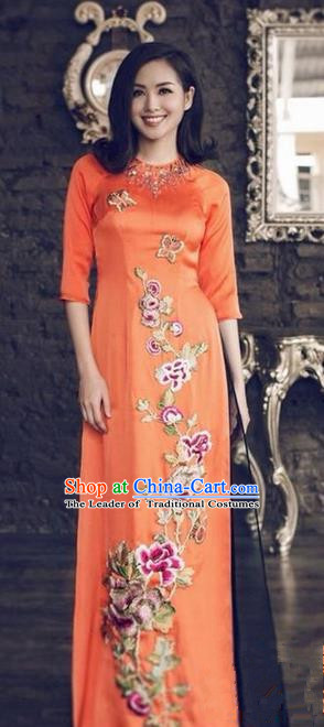 Top Grade Asian Vietnamese Traditional Dress, Vietnam National Princess Ao Dai Dress, Vietnam Orange Patch Embroidered Ao Dai Cheongsam Dress and Pants Clothing for Woman