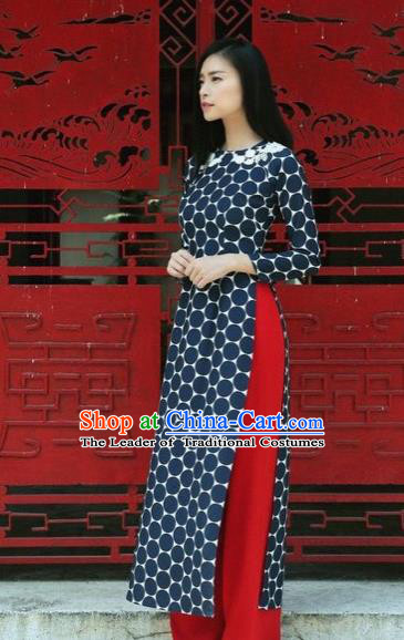 Traditional Top Grade Asian Vietnamese Dress, Vietnam National Female Ao Dai Dress Women Navy Ao Dai Cheongsam Clothing