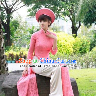 Traditional Top Grade Asian Vietnamese Dress, Vietnam National Female Handmade Ao Dai Dress Women Pink Linen Full Dress Ao Dai Cheongsam Clothing