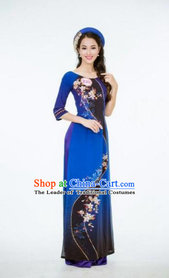 Traditional Top Grade Asian Vietnamese Dress, Vietnam National Female Handmade Ao Dai Dress Women Royalblue Cheongsam Clothing