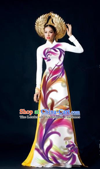 Traditional Top Grade Asian Vietnamese Costumes Dance Dress, Vietnam National Female Handmade White Printing Ao Dai Dress Cheongsam Clothing for Women