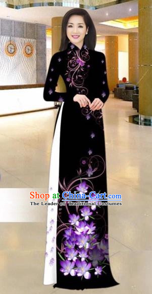 Traditional Top Grade Asian Vietnamese Costumes Dance Dress, Vietnam National Female Handmade Purple Printing Ao Dai Dress Cheongsam Clothing for Women