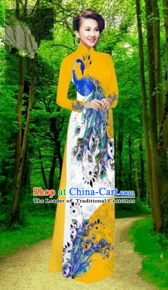 Traditional Top Grade Asian Vietnamese Costumes Dance Dress, Vietnam National Female Handmade Yellow Printing Peacock Ao Dai Dress Cheongsam Clothing for Women