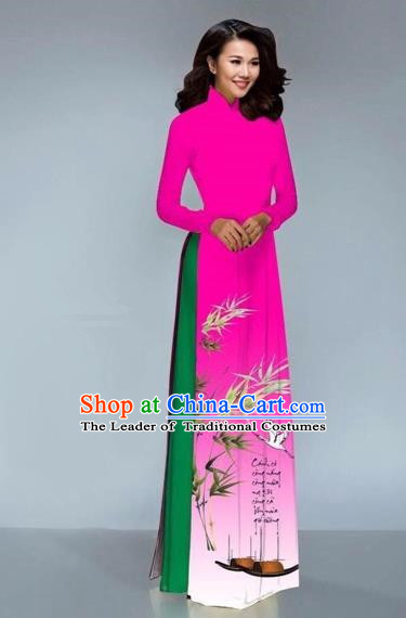 Traditional Top Grade Asian Vietnamese Costumes Dance Dress, Vietnam National Female Handmade Printing Bamboo Rose Ao Dai Dress Cheongsam Clothing for Women