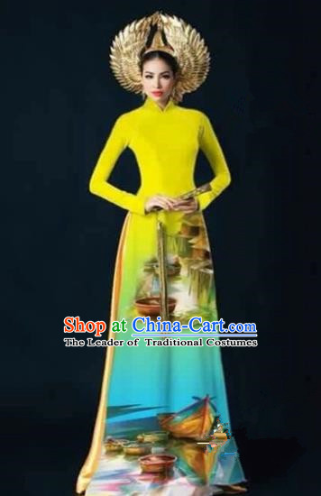 Traditional Top Grade Asian Vietnamese Costumes Dance Dress, Vietnam National Female Handmade Printing Yellow Ao Dai Dress Cheongsam Clothing for Women