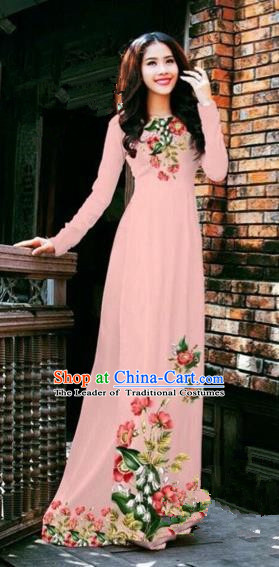 Traditional Top Grade Asian Vietnamese Costumes Dance Dress, Vietnam National Female Handmade Printing Flowers Pink Chiffon Ao Dai Dress Cheongsam Clothing for Women