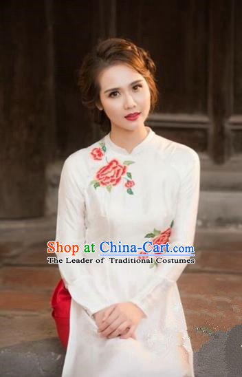 Traditional Top Grade Asian Vietnamese Costumes Dance Dress, Vietnam National Female Handmade White Printing Flowers Ao Dai Dress Cheongsam Clothing for Women