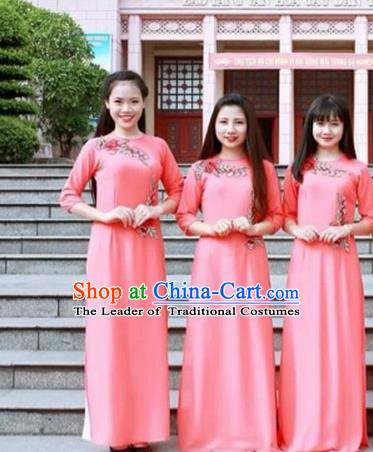 Traditional Top Grade Asian Vietnamese Costumes Dance Dress, Vietnam National Female Handmade Wedding Pink Bridesmaid Ao Dai Dress Cheongsam Clothing for Women