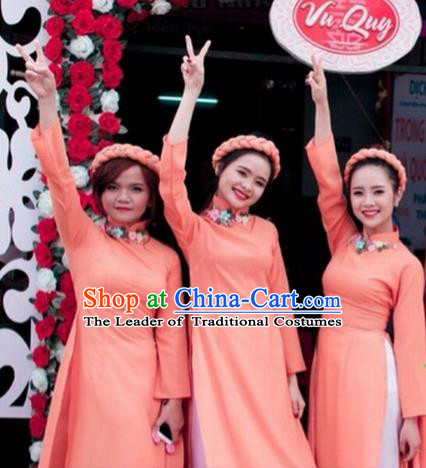 Traditional Top Grade Asian Vietnamese Costumes Dance Dress, Vietnam National Female Handmade Wedding Pink Bridesmaid Ao Dai Dress Cheongsam Clothing for Women