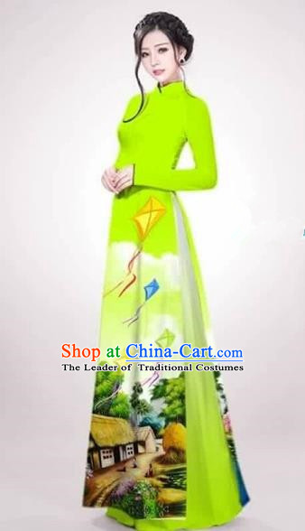 Traditional Top Grade Asian Vietnamese Costumes Dance Dress, Vietnam National Female Handmade Queen Printing Green Ao Dai Dress Cheongsam Clothing for Women